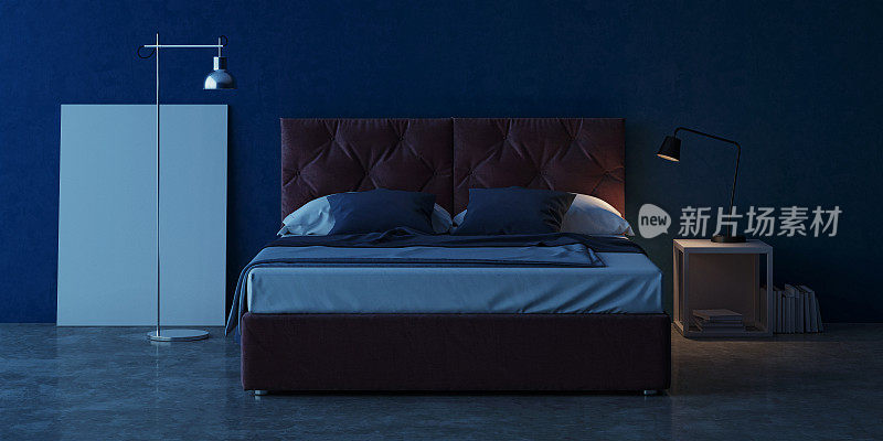 卧室的室内设计采用蓝色的墙壁。晚上照明。晚上,3 d渲染。
